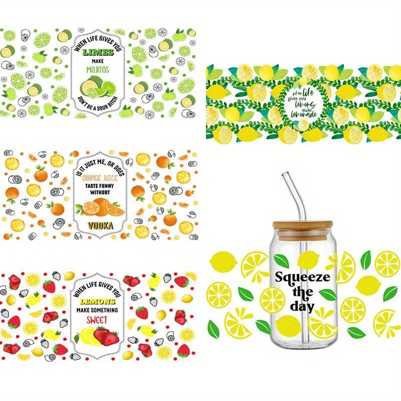 5pcs 3D UV DTF Cup Stickers, Waterproof Transfer Sticker for 16oz Cup, Fruit,Lemon,Orange,Strawberry Design, Scratch Resistant Crystal Glass Stickers