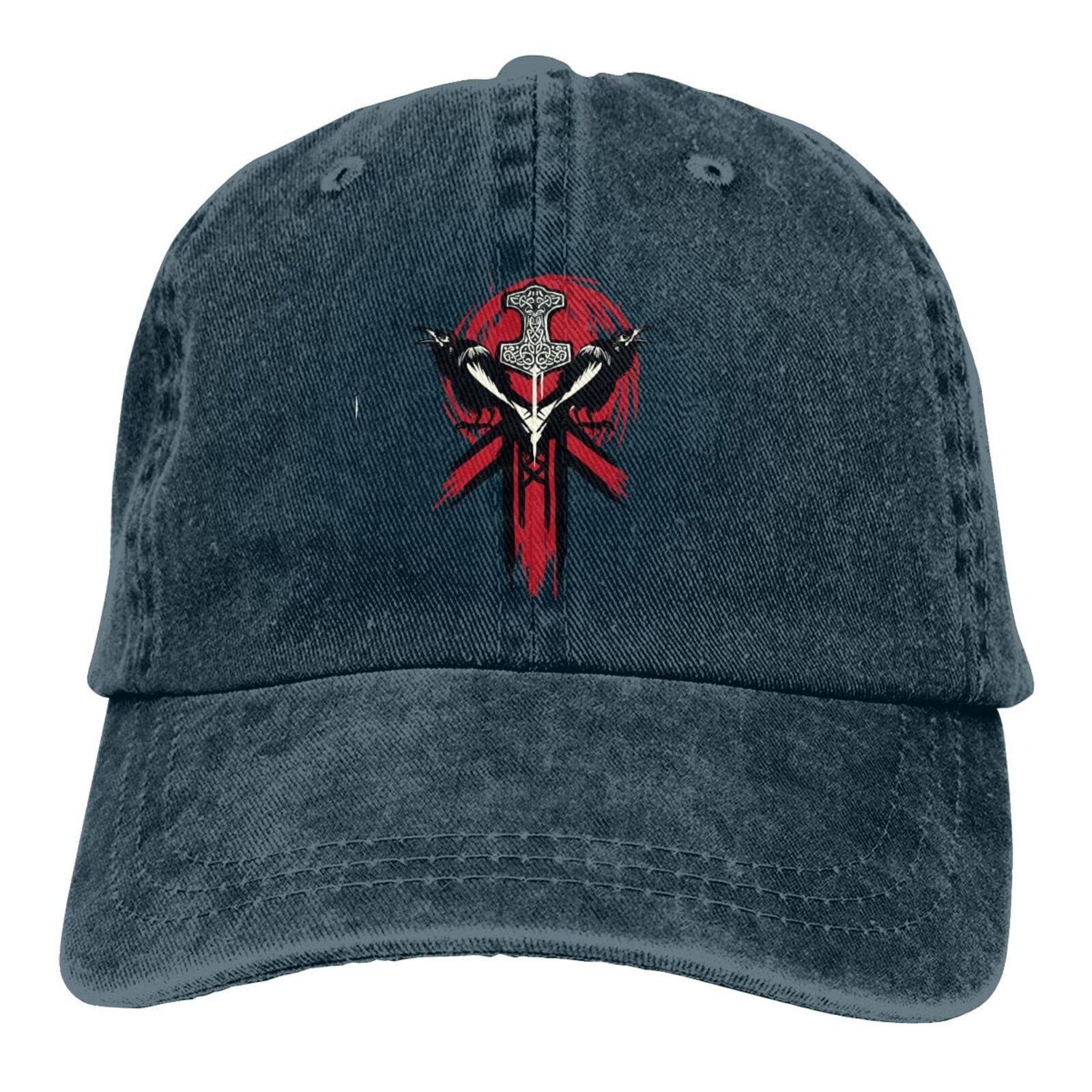 Vikings Mjolnir and Rune Wheel Norse Mythology Symbol Baseball Dad Cap Hip Hop Cap Adjustable Classic Sports for Unisex Women Hat One Size