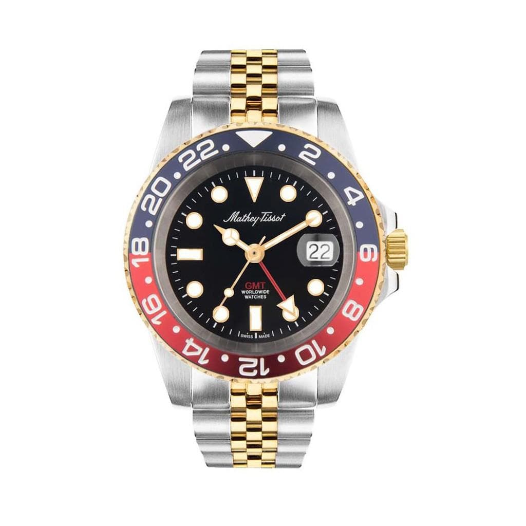 Mathey-Tissot Rolly Mathy Vintage GMT Two Tone Stainless Steel Black Dial Quartz H903BBR 100M Men's Watch black