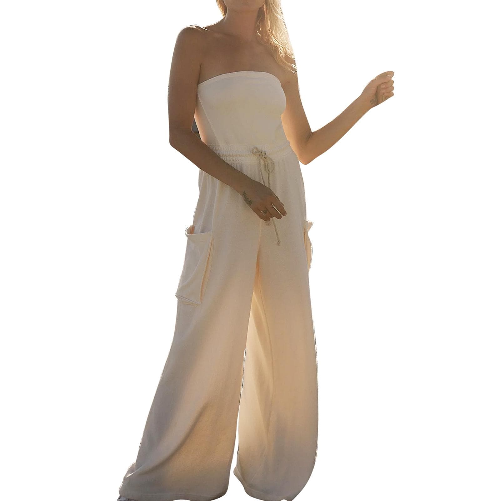 Women Off Shoulder Jumpsuit Plain Color Pocket Casual Fitted Drawstring Sleeveless Jumpsuit for M white