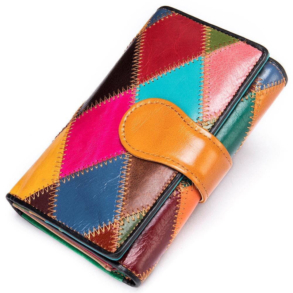 Genuine Leather Elegant Ladies Handmade Bag Short Wallet Colorful Splicing Coin Purse Multi Card Position Head Layer Cowhide Money Clip