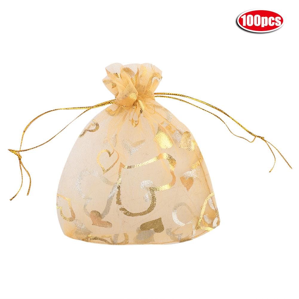 100pcs Mesh Bag Wedding Favor Gift Candy Jewelry Pouch Drawstring Bags 5 Colors(Gold)