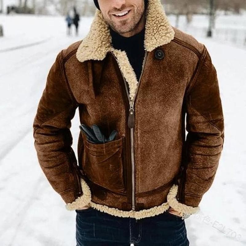 Faux Leather Men's Jacket Winter Warm Fur All-in-one Jacket Thickened Lapels Contrasting Colors M