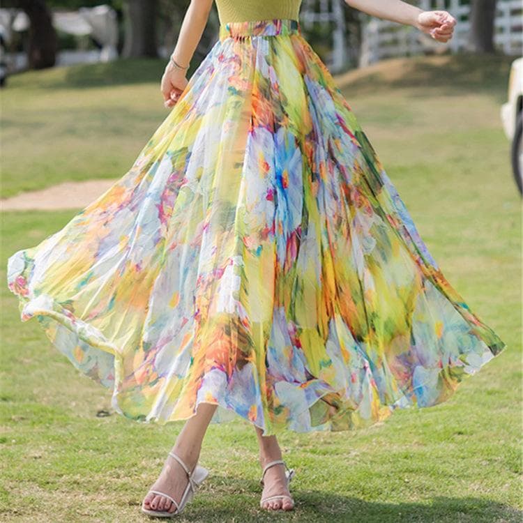 Women Chiffon Half-body Dress 2025 Spring Summer New Floral Half-body Vacation Style Beach Skirt S yellow