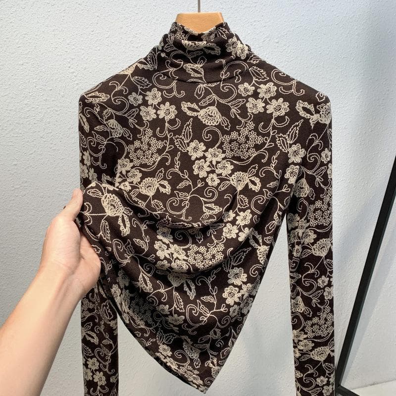 Turtleneck Bottoming Shirt Women's New Women's Clothing Retro Printed Foreign-style Shirt Elastic Inner Waist Top 3XL