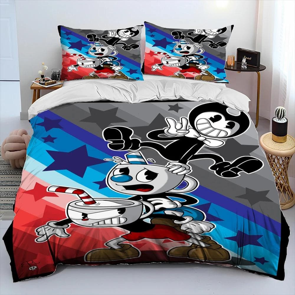 Cuphead and Mugman,Game Gamer Comforter Bedding Set,Duvet Cover Bed Set Quilt Cover Pillowcase,King Queen Size Bedding Set Boys AU Single(140x210cm)