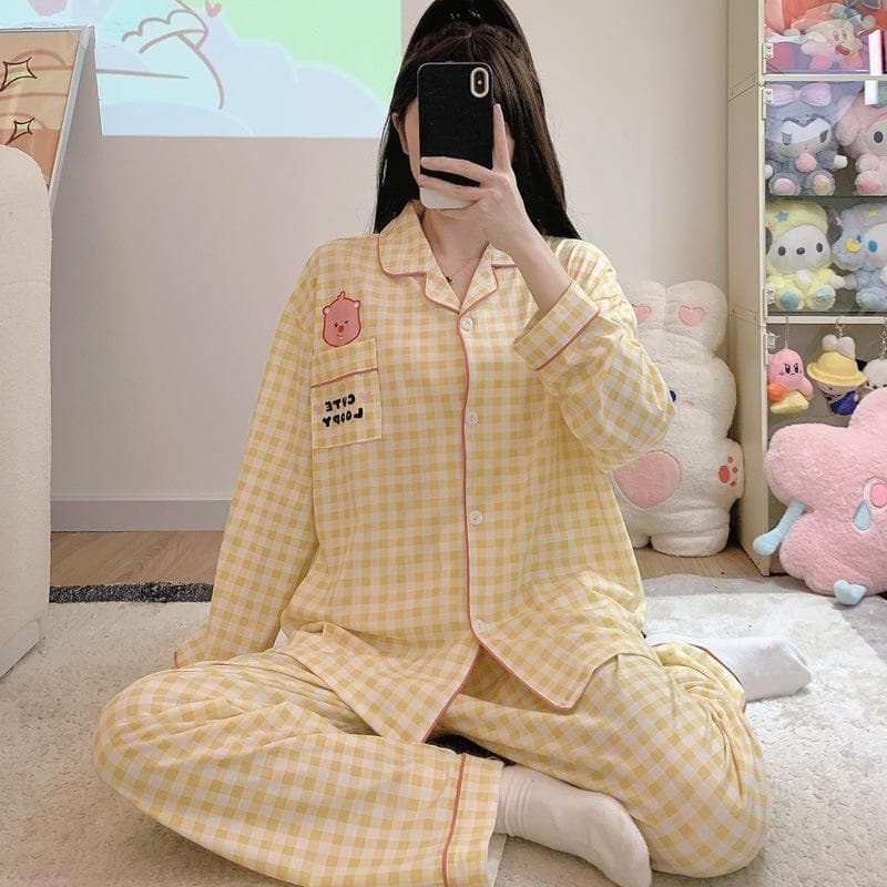 Cartoon Autumn Pure Cotton Long-sleeved Trousers Two-piece Set Cartoon Women's Pajamas Silk Pajamas Women's Home Clothes Set 2XL