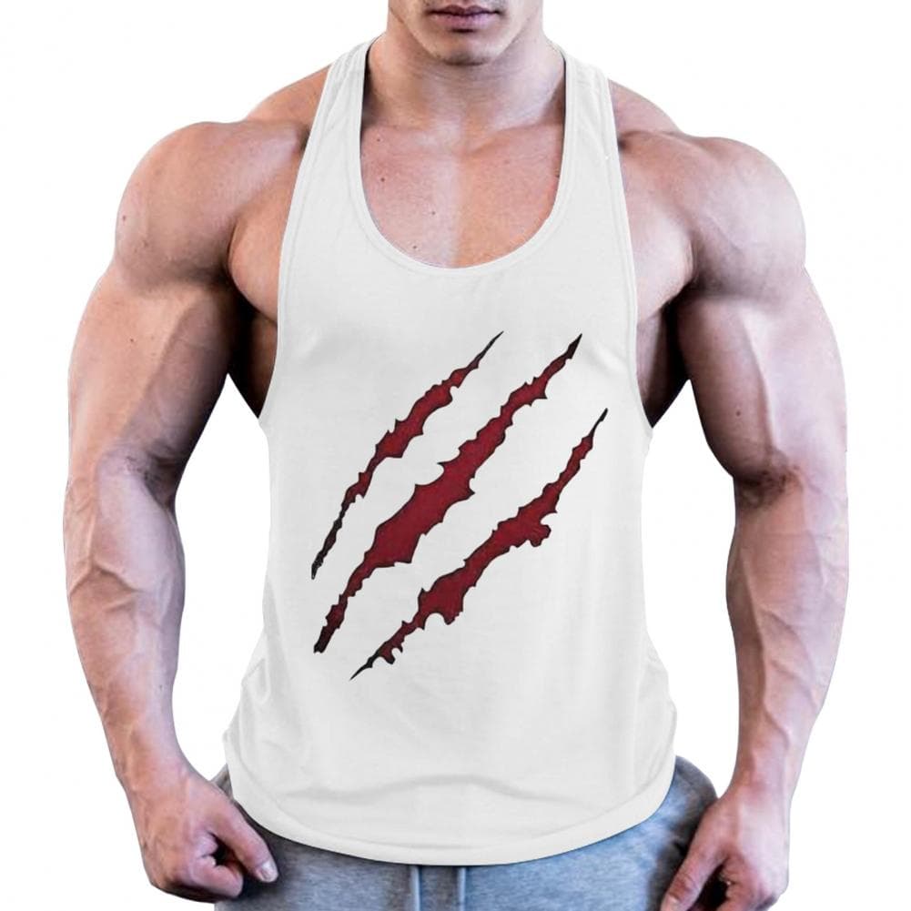 Men Summer Vest O-neck Sleeveless Loose Fit Racerback Sports Top Quick-Drying Blood Paw Print Fitness Vest Daily Wear M white