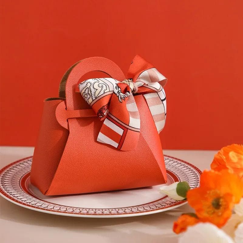 Distribute Leather Pink Gift Bags Wedding Favour Bag for Guest Mini Handbag with Ribbon Candy Packaging Box Party Decor orange
