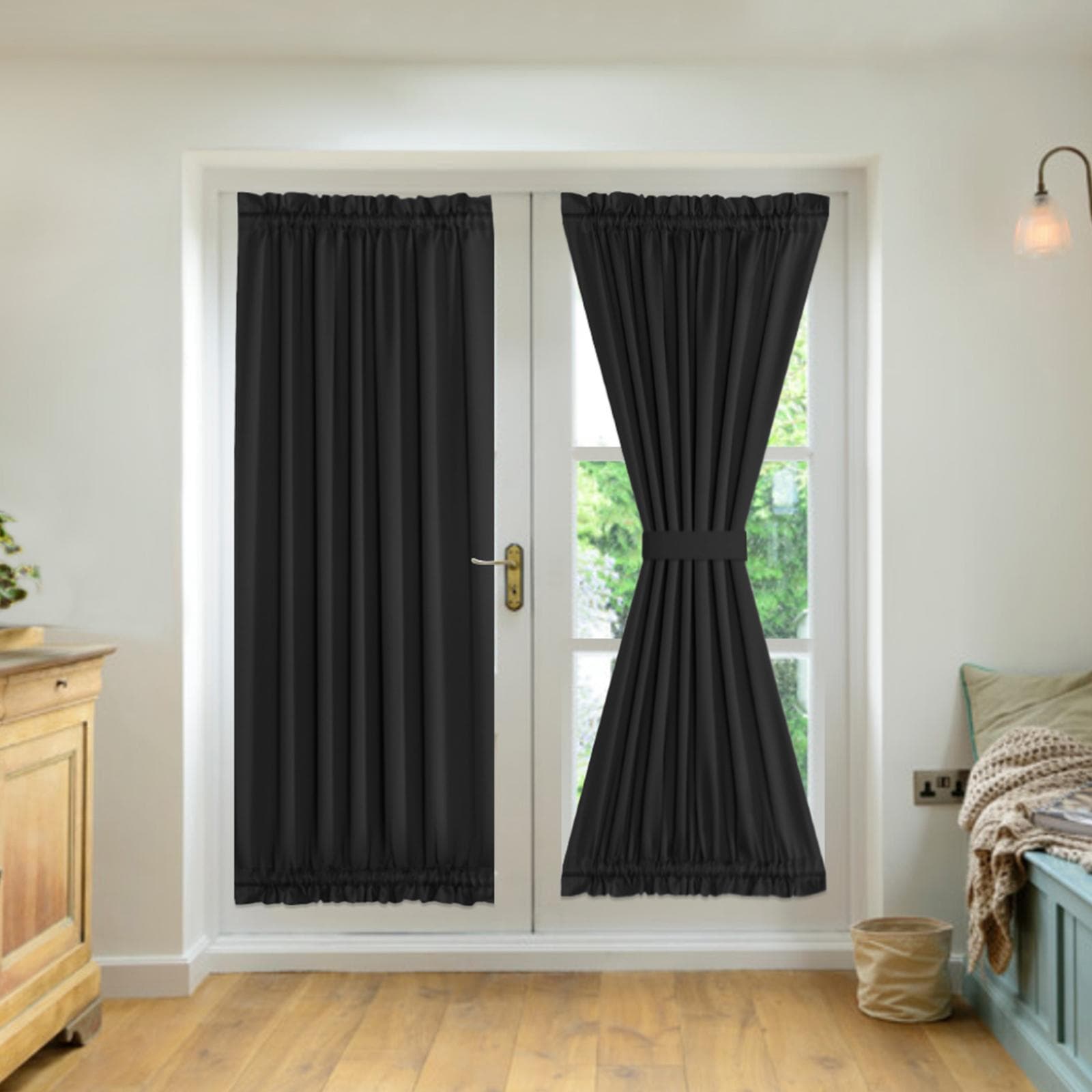 2 Panel French Door Curtains With Rod Pocket Tieback Indoor Sun Blocking Privacy Grommet Curtains black