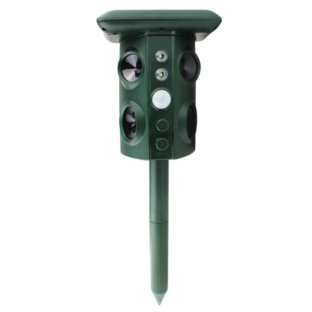 Solar Ultrasonic Animal Pest Repeller Outdoor Four Speakers Mechanical Wave Frequency Scare LED PIR