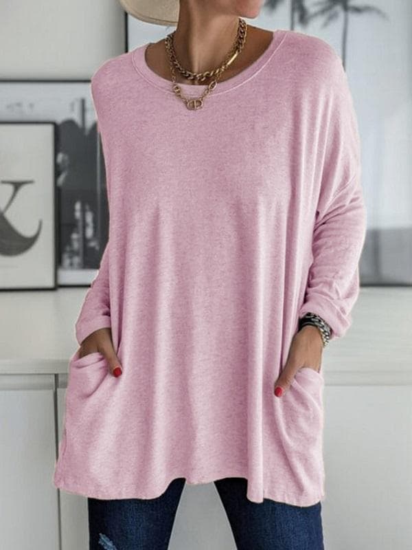Women's Casual Spring and Summer Pocket Tunic Top O-neck Shirt Long Sleeve Shirt Fashion Large Size Loose Solid Color T-Shirt L pink