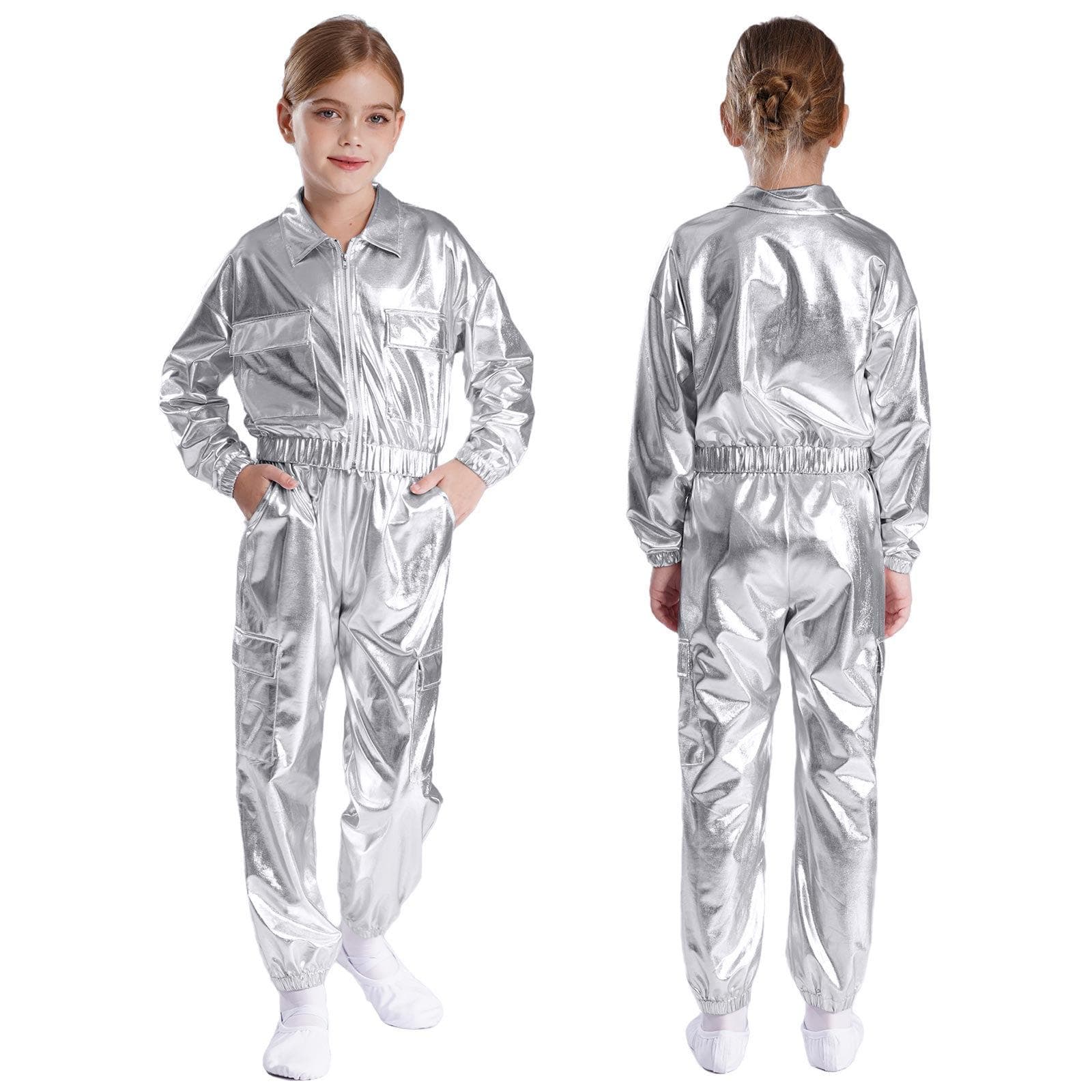 Kids Boys Girls Jazz Hip-Hop Street Dance Performance Costume Metallic Shiny Long Sleeve Athletic Jacket Coat with Pants Outfits 5-6 Years silver
