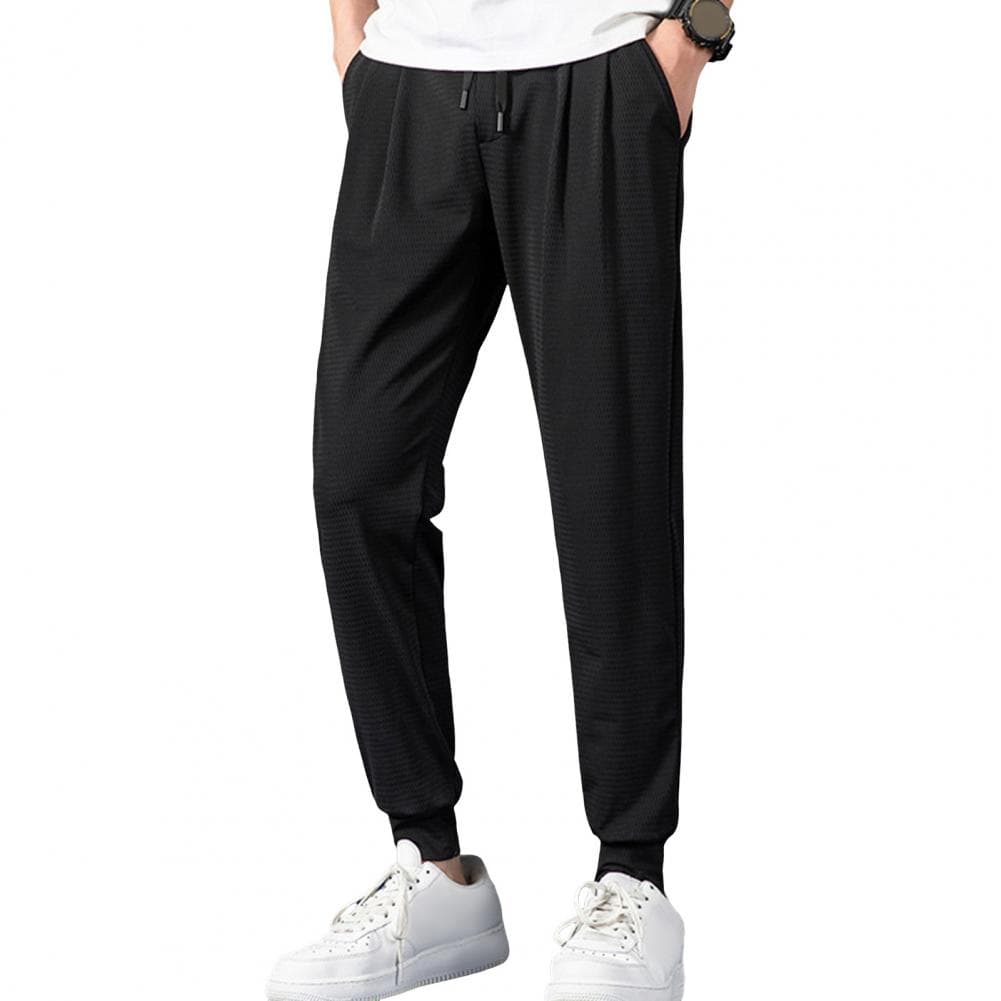 Men Ice Silk Sweatpants Elastic Drawstring Waist Pockets Sport Pants Breathable Mesh Thin Fitness Trousers Streetwear M black