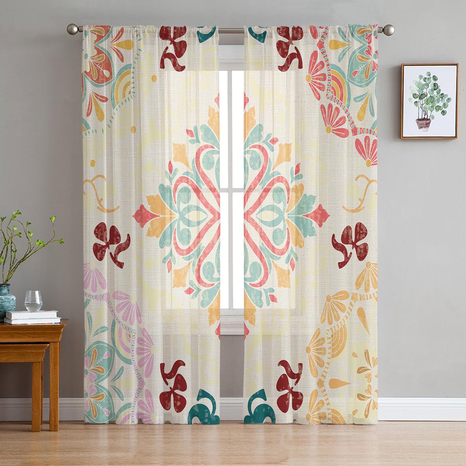 Türkiye Pattern Persian Vintage Geometry Sheer Window Curtain Tulle Curtains for Livingroom Bedroom Home Decor Voile Drapes 135W x 114H(cm)