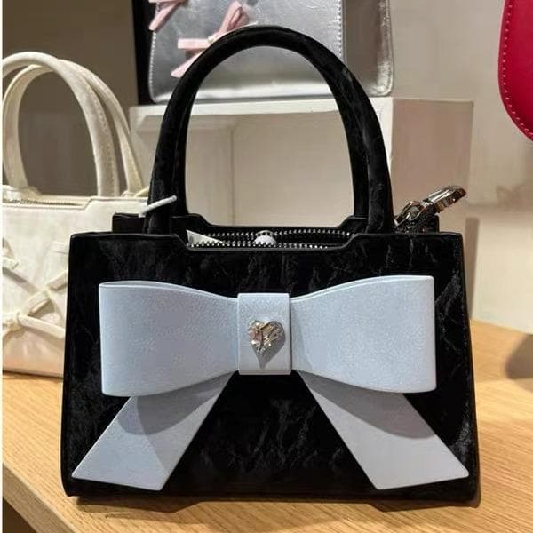 Bow Minority Crossbody Bag Pure Desire Sweet Lady Style Portable Simple Commuting Small Square Bag black