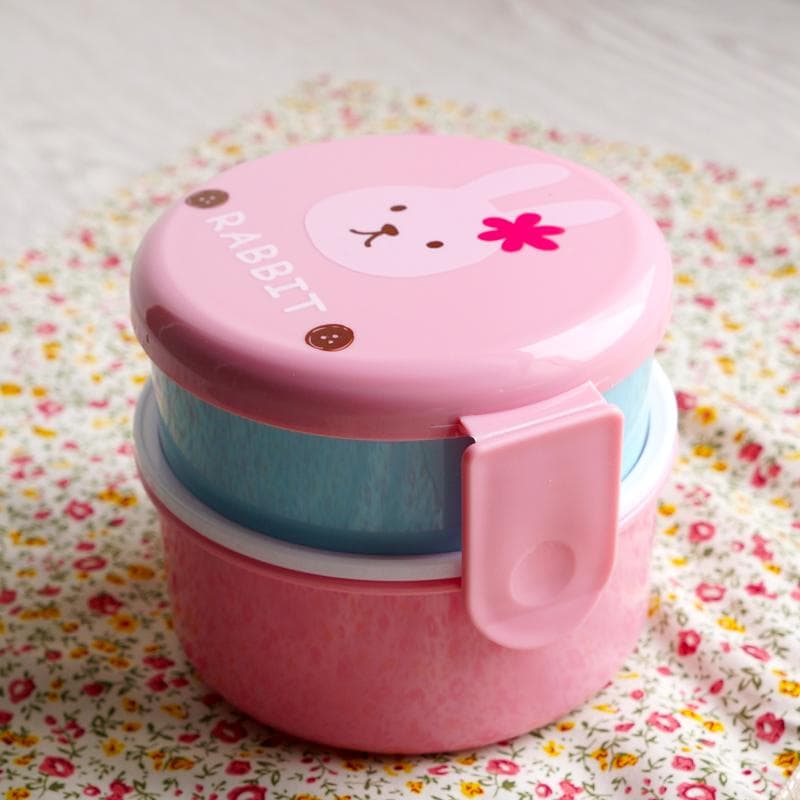 Cute Animal Lunch Box Japanese Double-layer Round Mini Bento Box Children's Fruit Box Snack Box Microwave Kids Lunch Box 540ml pink