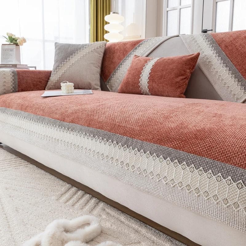 Lace Chenille Sofa Cushion Advanced Anti Slip Wear-resistant Settee Towel Pillowcase Color Blocking Living Room Sofa Dust Cover 70x70cm 1pcs