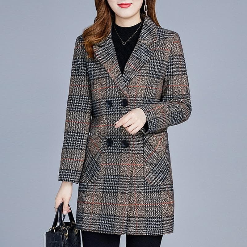 HI-FASHION Suit Plaid Woolen Jacket Autumn Winter Thicken Slim Long-sleeved Outwear Plus size 5xl Women's All-match Coat 5XL grullo
