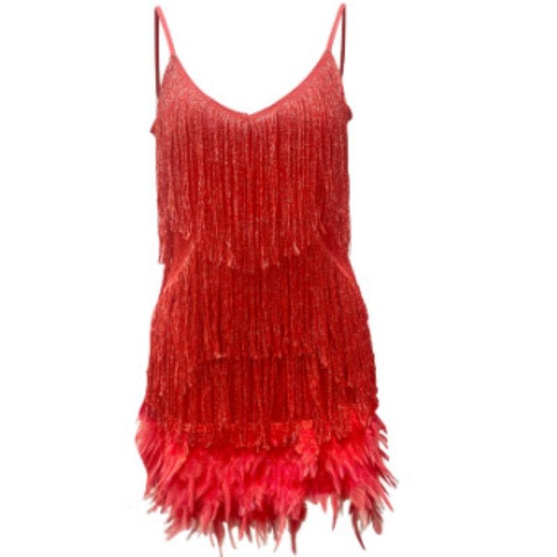 Summer Women's Halter Dress Fashion Tassel Sequins Birthday Party Sexy V-Neck Halter Feather Patchwork Dresses M red