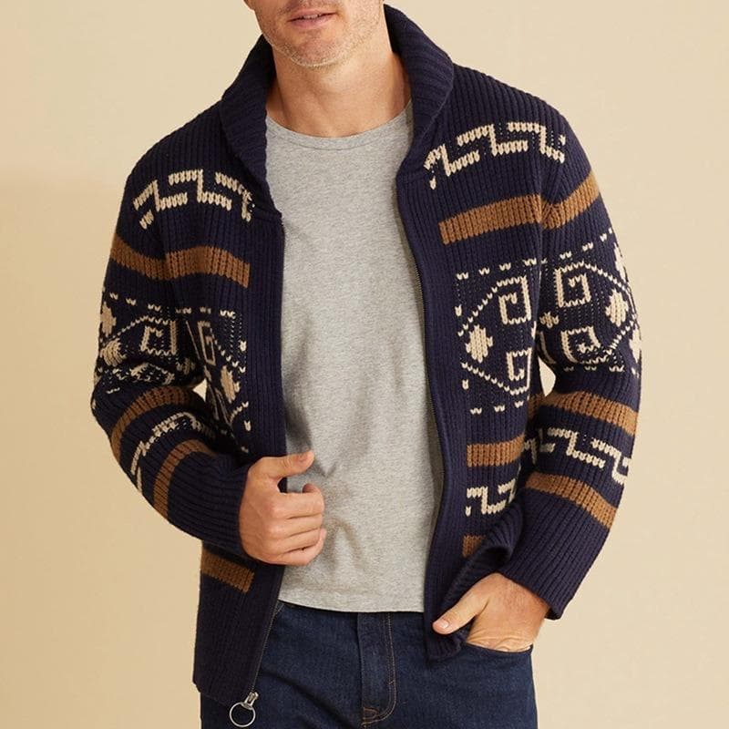 Autumn Winter New Men's Fashion Lapel Casual Cardigan Coat Long Sleeve Slim Jacquard Knitted Sweater XXL navy blue
