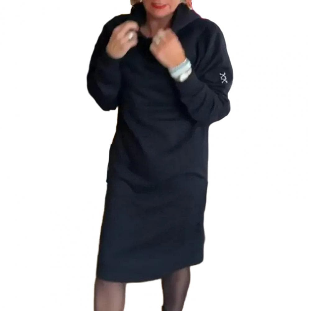Women Dress Hooded Loose Solid Color Long Sleeve Pullover Knee Length Thick Warm Casual Fall Spring Midi Dress M black