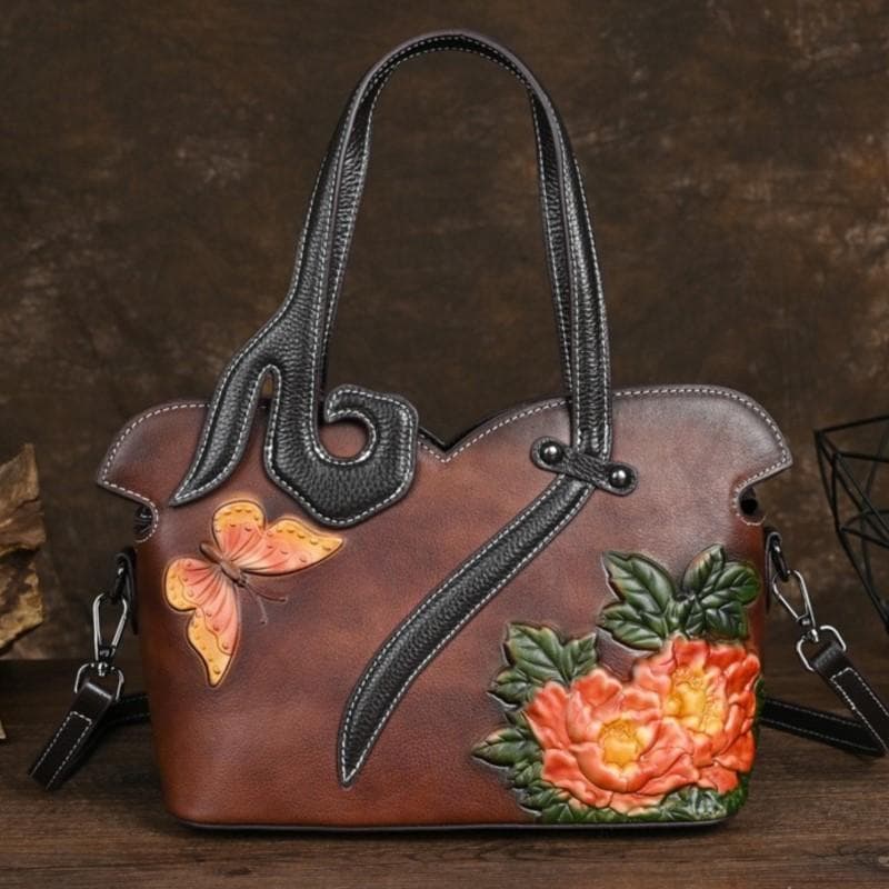 Genuine Leather Women Bag Handmade Embossing Retro Luxury Handbags Large Capacity Shoulder & Crossbody Bags coffee