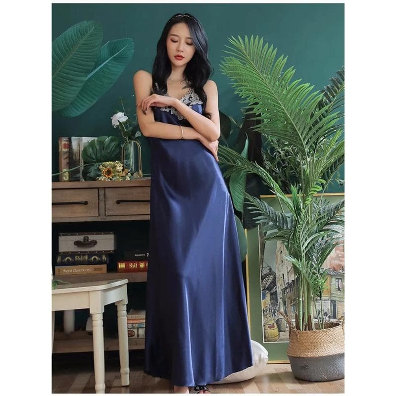 Mulberry Silk Sexy Nightgown, Pajamas, Dyed Long Dress, Women's V-neck Suspender Skirt, Women's Nightgown, Dressing Gown 2XL blue