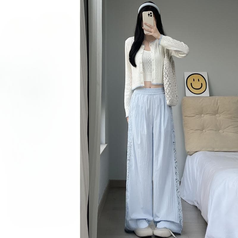 Lace Hollow Wide-leg Pants for Women In Spring and Summer New High-waist Design Loose and Slim Ice Silk Casual Pants XL