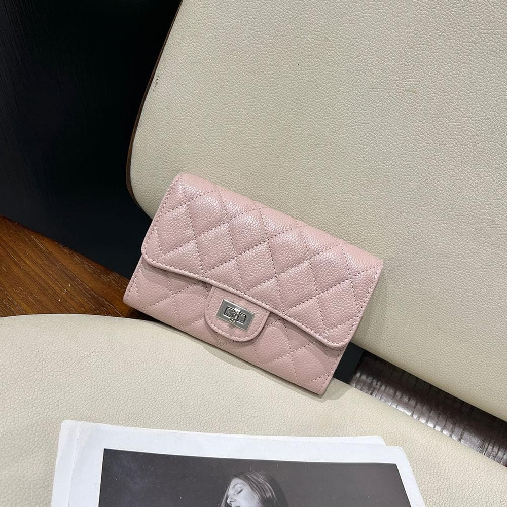 Medium Long Women Wallets Genuine Leather Caviar Wallet Diamond Quilted First Layer of Cowhide Purse Turnlock Billfold Without Logo pink