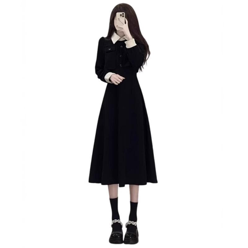 Black Dress, New Women's Autumn and Winter Inner Base Long Dress, Autumn Wear with A Complete Set XL