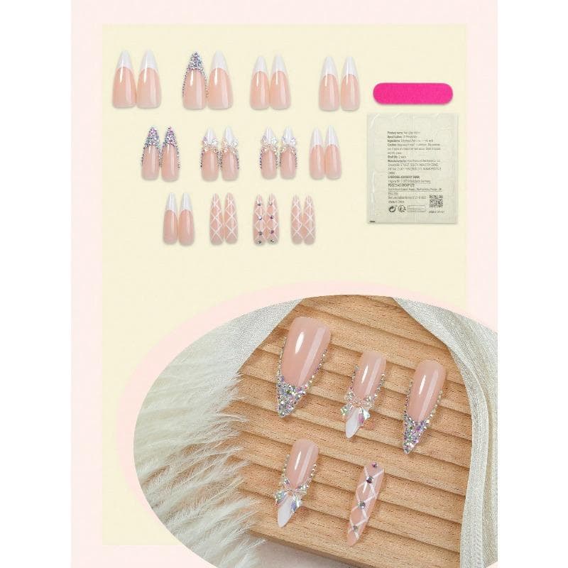 24pcs French Almond Shaped Acrylic Nail Stickers, 3D Rhinestone Bow Decor, Criss-Cross Line Design, Sweet Y2K Style False Nails, For Women Girls