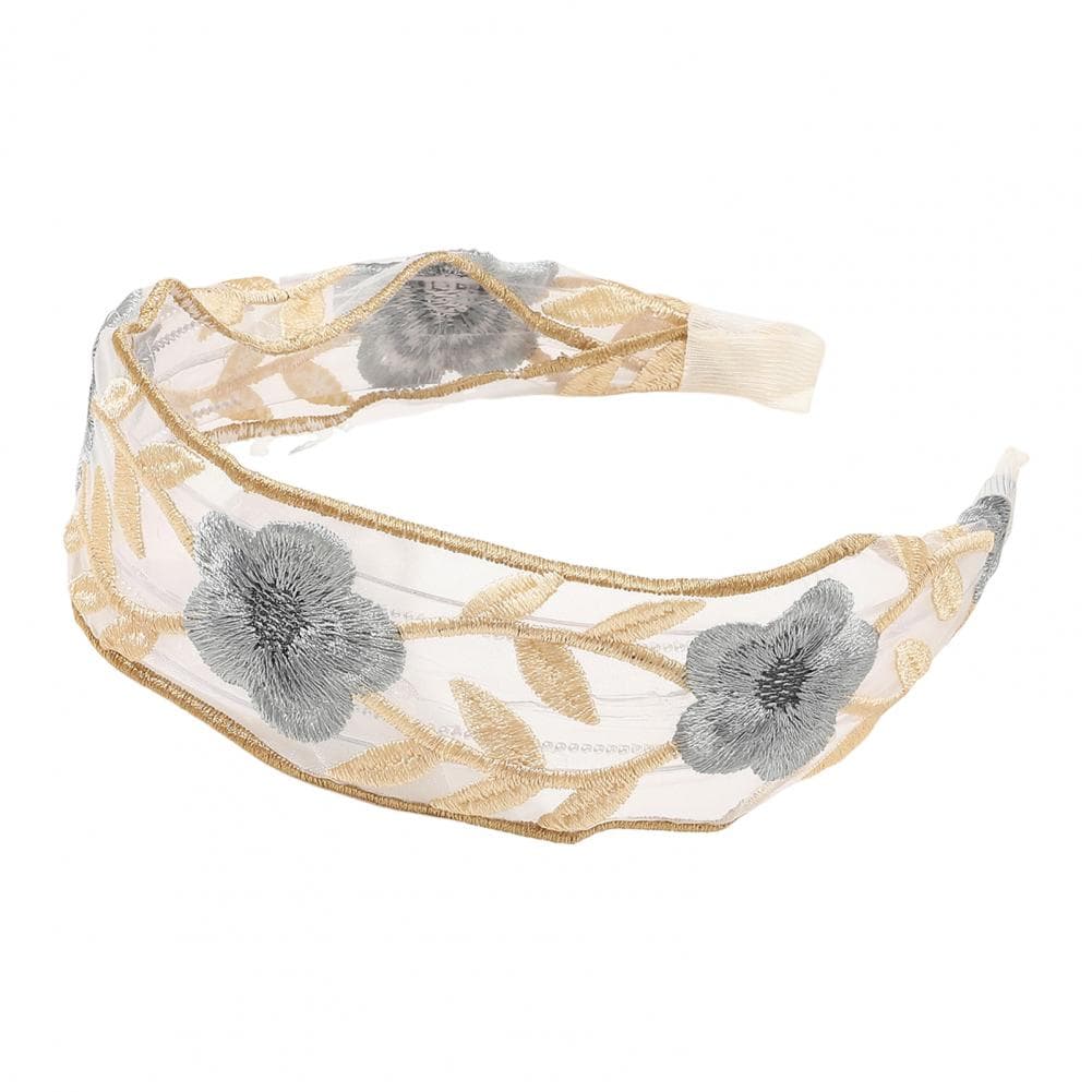 Mesh Yarn Wide Headband Retro Embroidery Flower Pattern Hair Hoop Soft Elastic Headband Hair Accessory grey