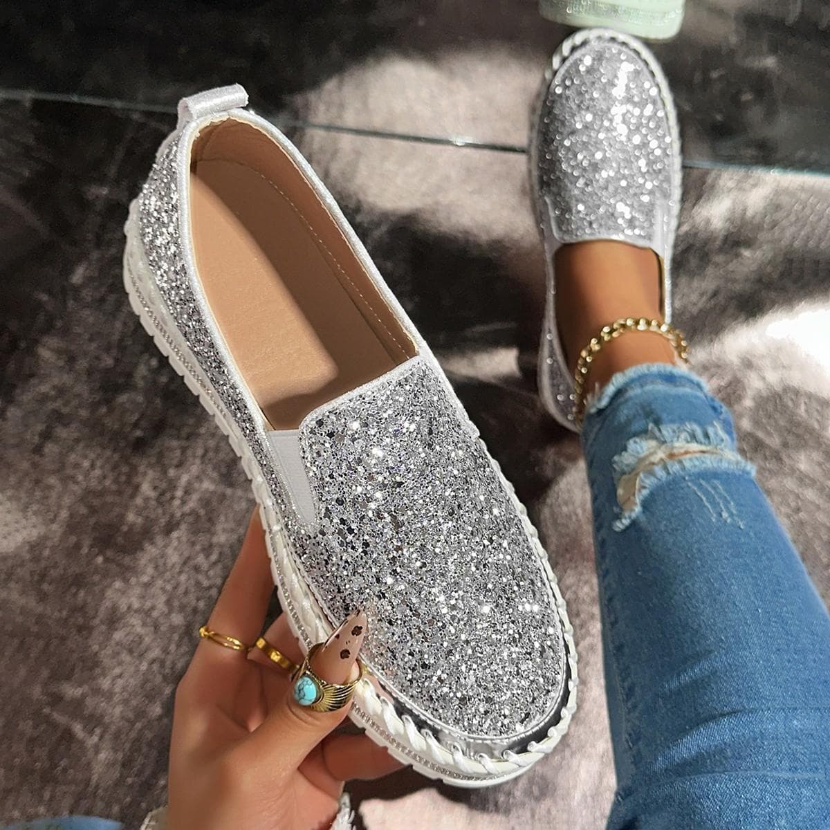 Casual Large Size Sequins Casual Women'S Shoes Comfortable To Wear Outside Thick-Soled Wind Single Shoes Women 40 silver