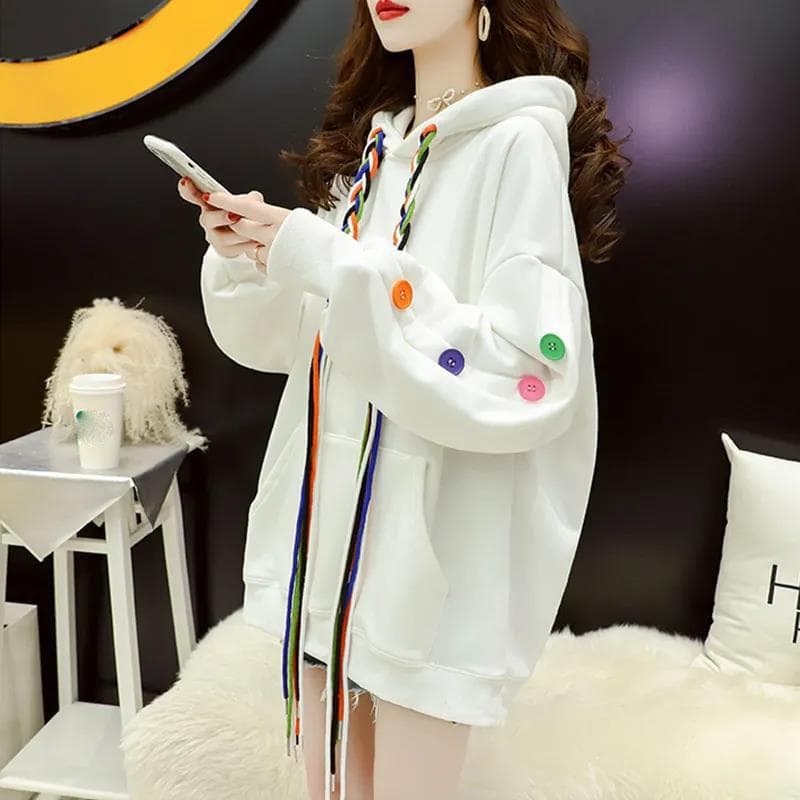 Autumn and Winter All-match Plus Velvet Thick Sweatshirt Women Korean Version Loose Plus Size Hoodies Jacket Plush Hoodies M white