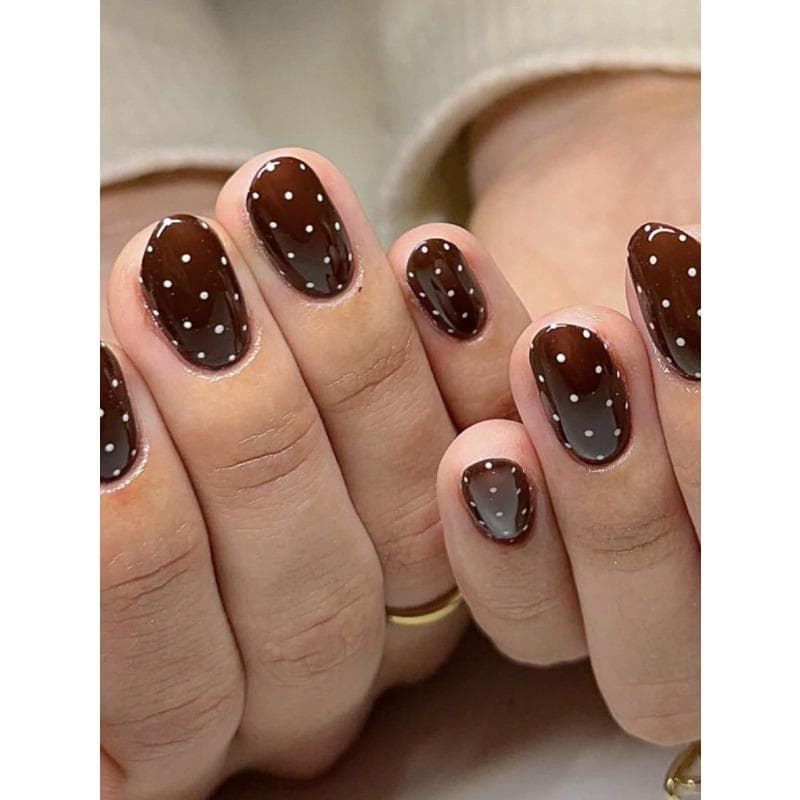 Brown Nails Press on White Polka Dot False Nails Short Fake Nails Oval Shape Press on Nails Manicure Set Includes 1sheet Adhesive Tabs & 1pc Mini File
