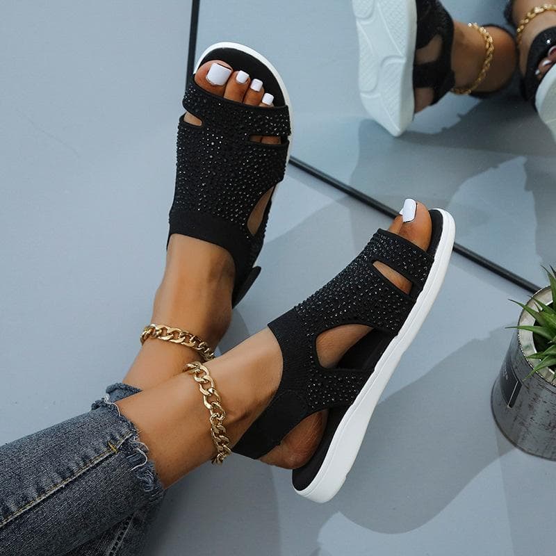 Sandals Womens New Woman Rhinestone Open Toe Flats Ladies Fashion Elastic Band Sandalies Female Summer Shoes Big Size Footwear 35 black