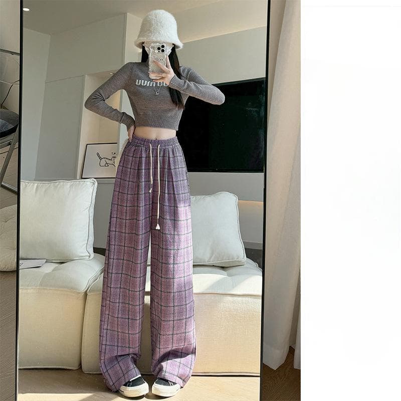 Gray Retro Woolen Plaid Pants Women's Autumn and Winter New Thin Contrasting Lazy Straight-leg Pants XL