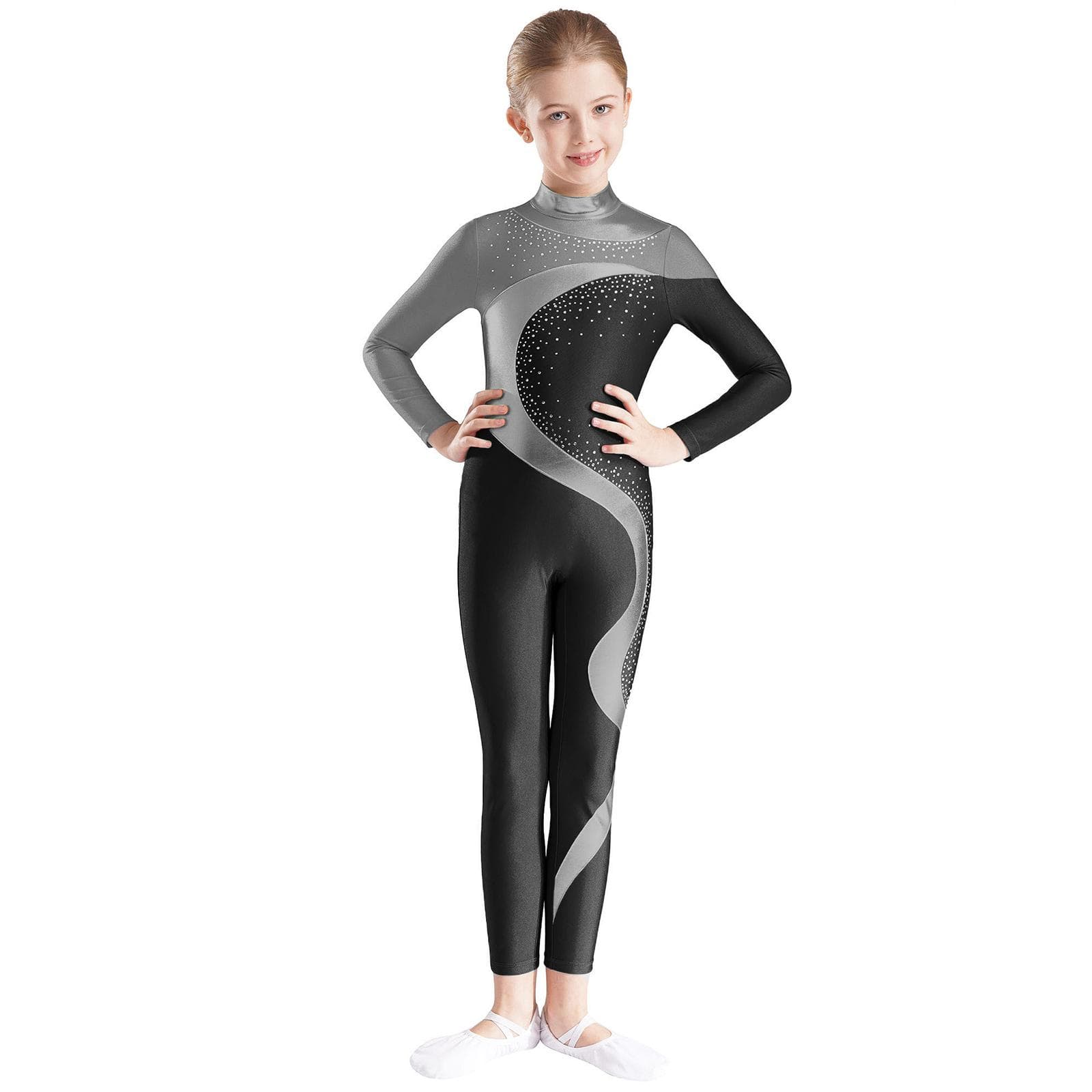 Girls Figure Skating Dance Artistic Gymnastics Stage Suit Kids Full Body Unitard Ballet Bodysuit Jumpsuits Rhinestone Dancewear 13-14 Years black/gray