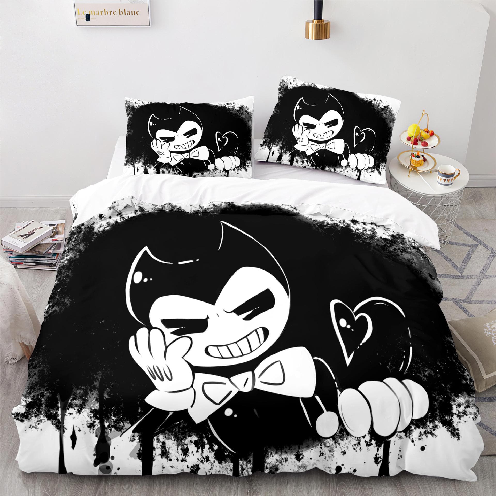 New Anime Bendy & Ink Machin Bedding Set Single Twin Full Queen King Size Bed Set Adult Kid Bedroom Duvetcover Set Home Textile AU Single 140x210cm