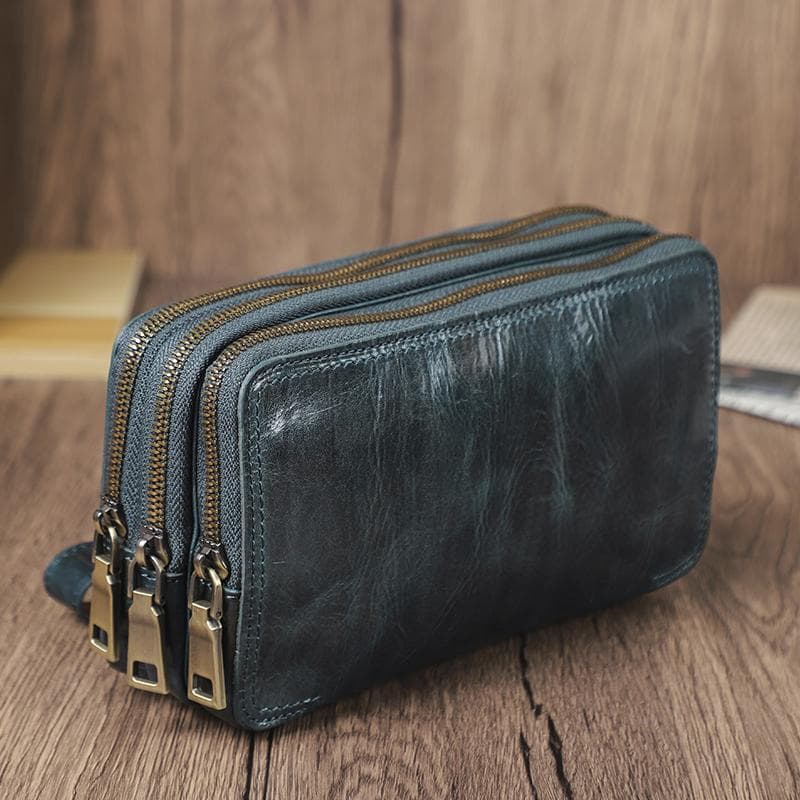 CONTACT'S Genuine Leather Clutch Wallets for Men Crossboday Bag Phone Bag Card Wallets Multi Zipper Design Handbag dark blue