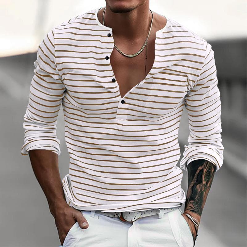 Spring Autumn Fashion Long Sleeve Men's T-shirts Button Henry Collar T Shirt For Men Vintage Striped Tees Tops S apricot