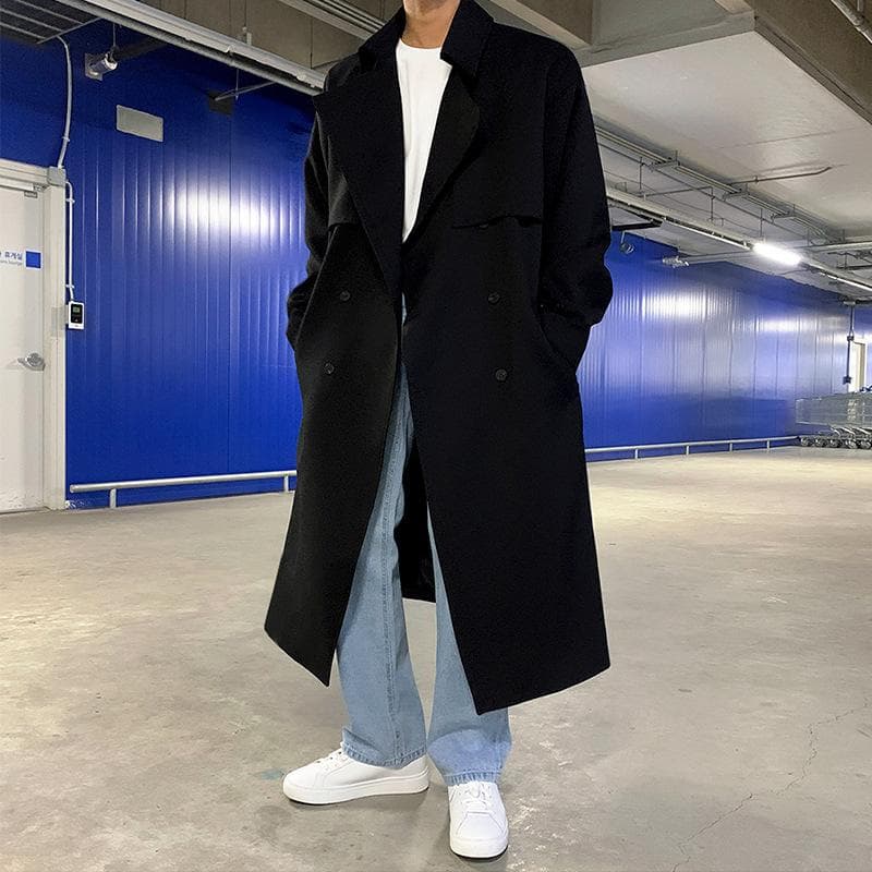 Windbreaker Men's Mid-length Autumn Korean Style Trendy Loose High-end Knee-high Coat Double-breasted Coat M