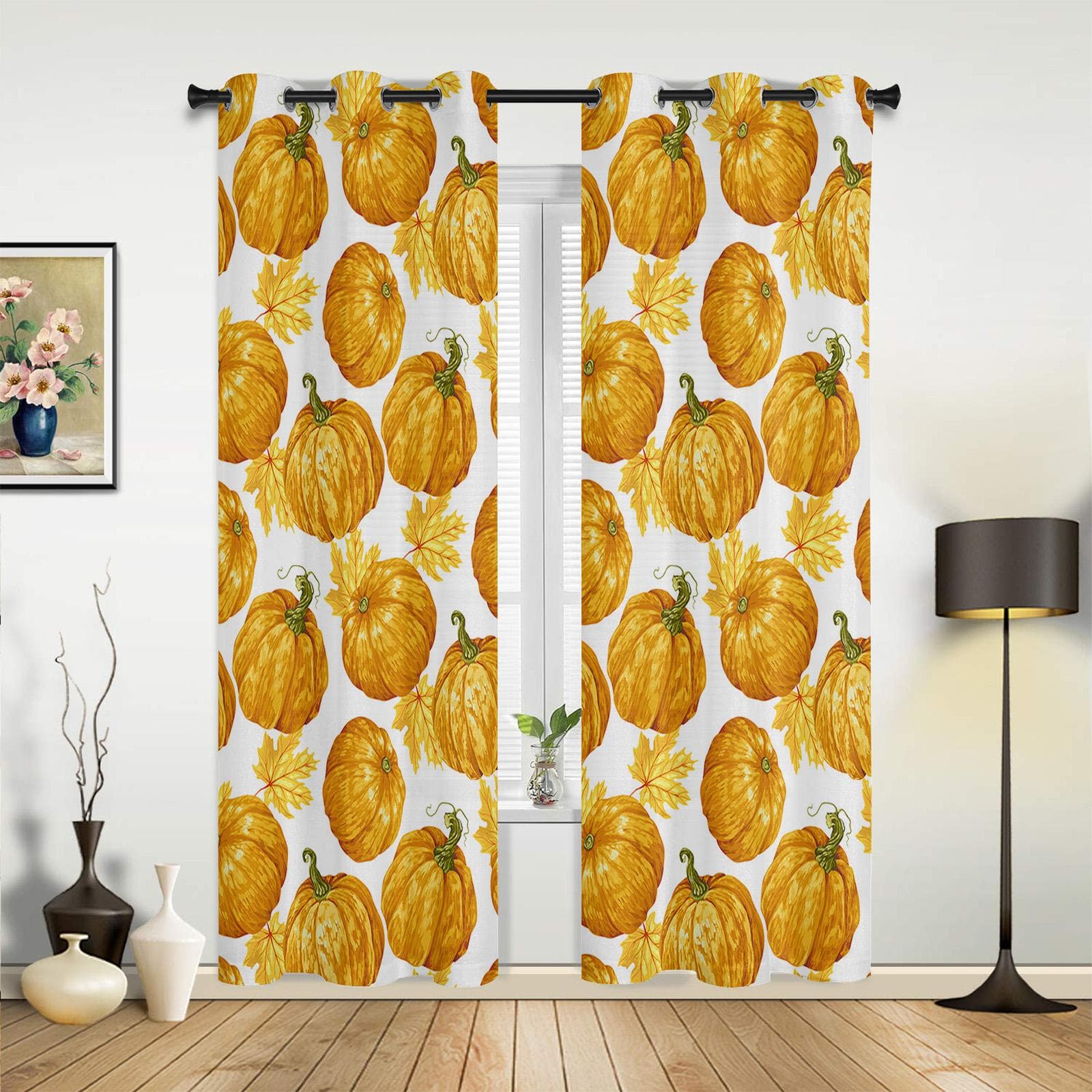 Fall Orange Pumpkin Maple Texture Luxury Window Curtain for Living Room Bedroom Home Decor Kitchen for Window Drapes 135W x 60H(cm) x1
