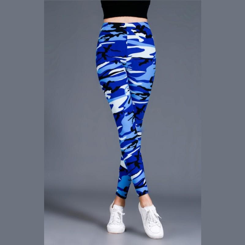 Fashion Women Camouflage Printing Yoga Leggings Girl Slim Cropped Trousers High Elasticity Skinny Casual Legging Pants One Size (50-70 kg) blue