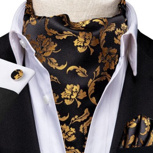 Gold Paisley Mens Silk Ascot Cravat Tie Formal Scarf Handkerchief Cufflinks Set AS-1063