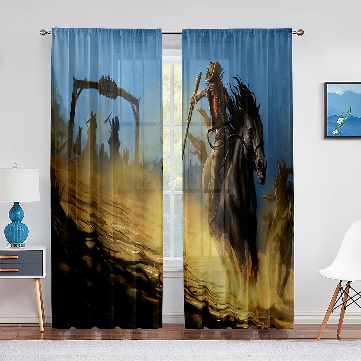 Western Country Cowboy Tulle Curtains for Home Office Window Decor Bedroom Kitchen Balcony Modern Chiffon Sheer Voile Curtain 1 PCS W100XH250cm&Grommet Top