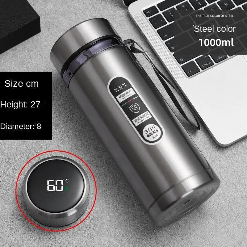 800ML-1L Stainless Steel Thermos Bottle 304 Tea Bottle Car Vacuum Bottle with LED Temperature Display Portable Drinking Cup 500ML silver