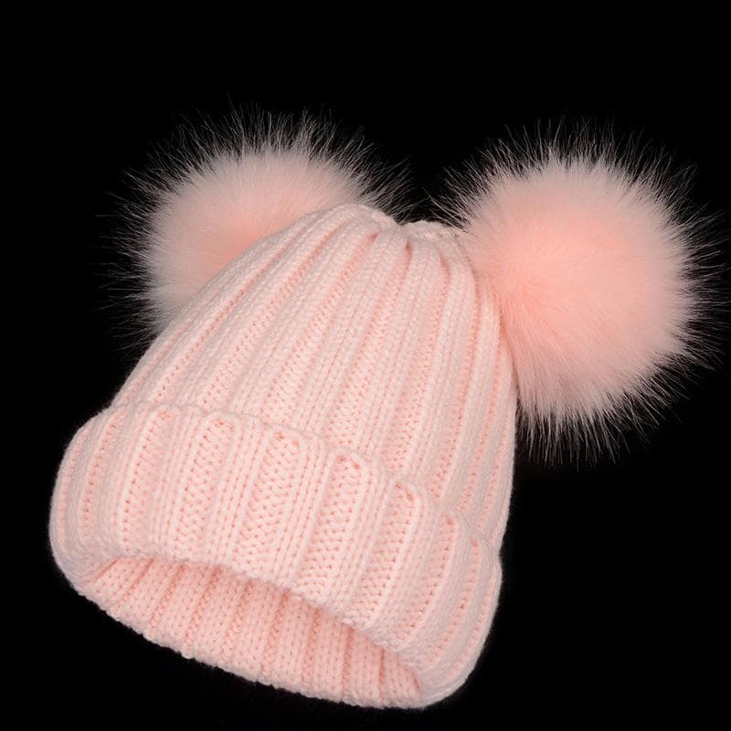 Kids / Adult 2 Layers Autumn Winter New Hat Women's Double Ball Hat Yarn Hat Imitation Fox Fur Ball Hat Keeps Warm Knitted Hat M adult