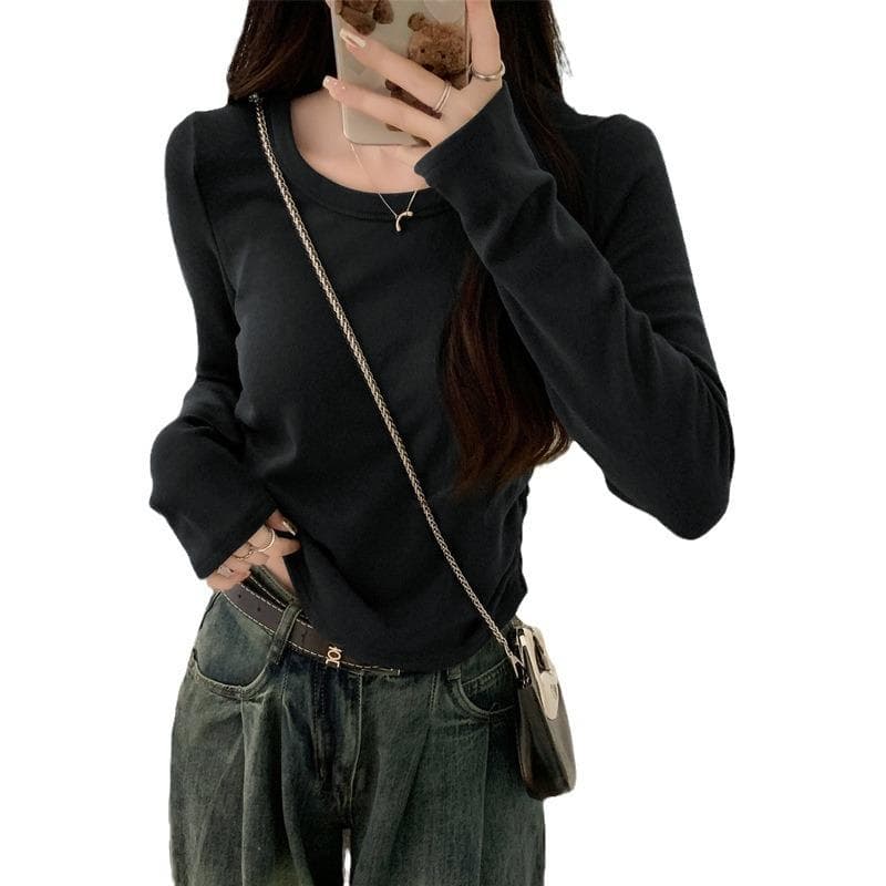 Simple Round Neck Long-sleeved T-shirt for Women In Spring and Autumn New Style Curved Slim Fit Velvet Fur and Fur-fit Inner Bottoming Shirt Top 2XL